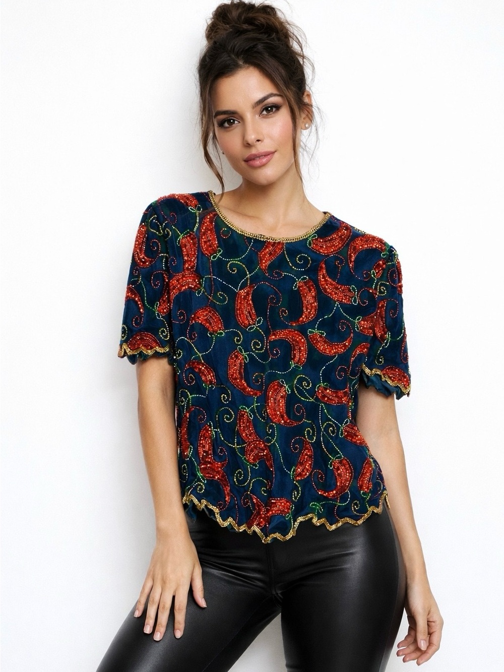 Vtg NWT Scala Red Chili Pepper 100% Silk Beaded Top Art to Wear Party size L